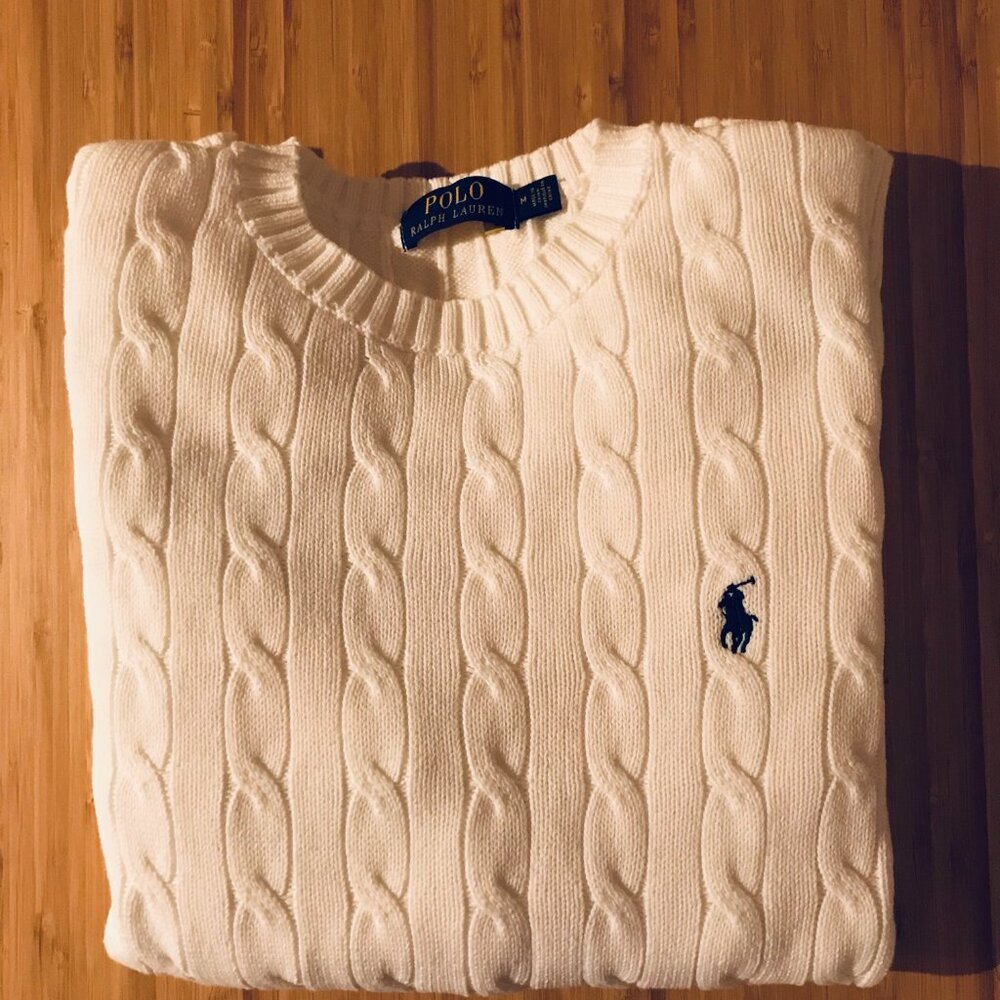 Ralph Lauren Cream Cable Knit Crewneck Sweater with Navy Polo Logo